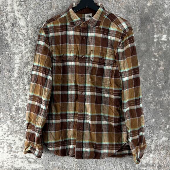 The North Face Size M Plaid Casual Button Shirt Brown Long Sleeve Pocket Collar - Picture 1 of 8
